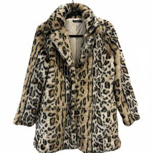Nasty Gal Leopard Faux Fur Coat Black Brown, Women’s Large Button Front Jacket